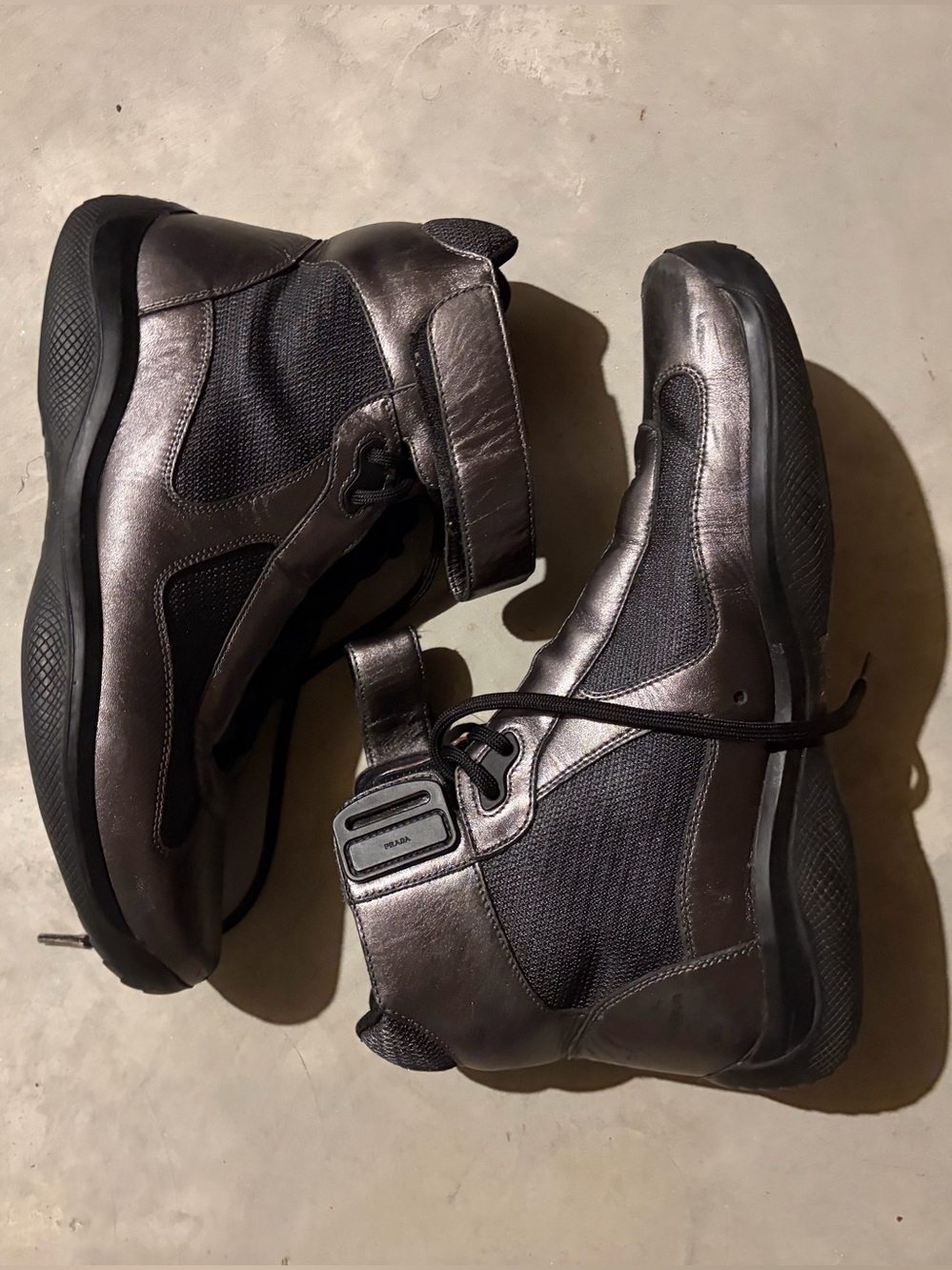 Prada Cup Men’s High-Top Sneakers in Metallic Charcoal and Black